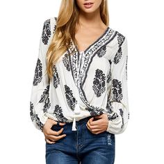 Retro Print Wrap V Neck Blouse - White - 3D12125016 - Women's Clothing, Women's Tops & T-Shirts, Blouses & Shirts  #BlousesShirts #Women's #Clothing # #Women's #Tops #& #TShirts # #Blouses #& #Shirts Vintage Print Blouse, Lace Up Blouse, Plus Size Bohemian, White Peasant Blouse, John Brown, Casual Long Sleeve Shirts, Mode Casual, Cute Blouses, Tops Casual