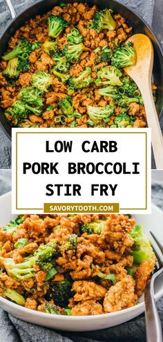 low carb pork broccoli stir fry in a skillet