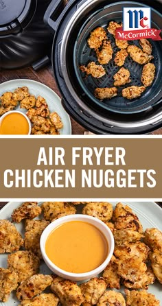 air fryer chicken nuggets on a plate with dipping sauce in the middle