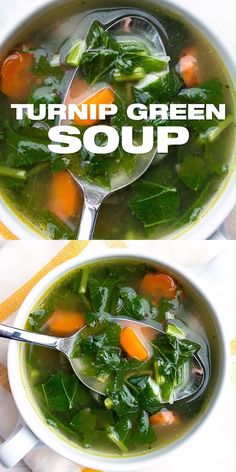 two bowls filled with soup on top of a table