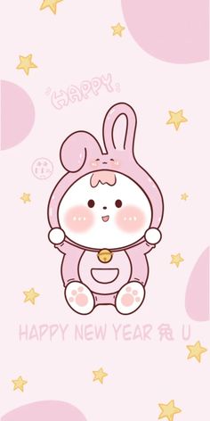 a pink rabbit with stars on it's head and the words happy new year written in