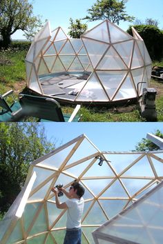 a man is building a geoglyic house out of wood and plastic sheeting