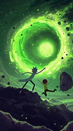 two people are dancing in front of a green swirly background with rocks and stars