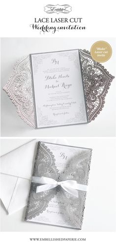 the lace laser cut wedding stationery is shown in silver and white, with an elegant bow