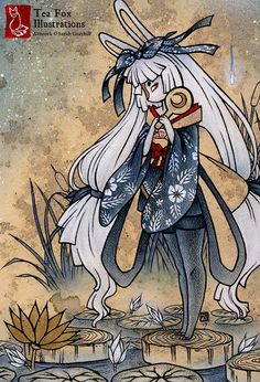 a drawing of a girl with long white hair standing in front of a full moon