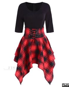 Fisdy - Elegante Vestido de Manga Corta de Cuello Redondo con Diseño Irregular de Rejilla y Parches Punk Dress, Dress Sleeve Length, Sims4 Clothes, Patchwork Dress, Necklines For Dresses, Tartan Plaid, Sleeves Pattern, Asymmetrical Dress, Women Lace