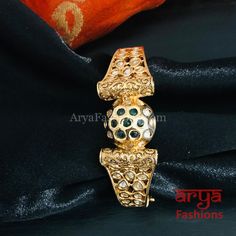 Veera Emerald Green Kundan Rajwadi Openable Bracelet/ Rajasthani Jaipuri Pacchi Jadau Bracelet, Kundan Kada, Kundan Bracelet, Bracelet Indian, Kundan Jewelry, Gold Plated Bracelets, Kundan Jewellery, Statement Bracelet, Gold Polish