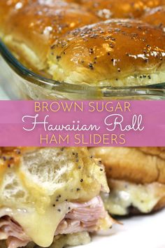 hawaiian roll ham sliders on a plate with text overlay that reads hawaiian roll ham sliders