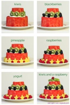 the steps to make a watermelon cake with fruits on top and berries on bottom