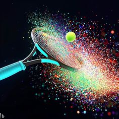 a tennis racket hitting a ball with colorful dust