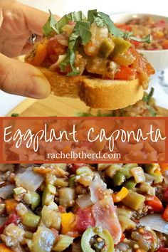 an eggplant caponata sandwich is shown with the title in the middle