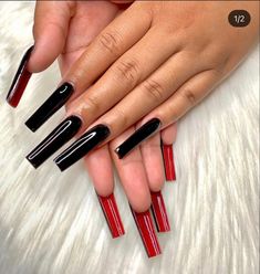 Black Acrylic Nails With Red Bottoms, Black On Top Red Underneath Nails, Black Acrylic With Red Under, Black And Red Bottom Nails Ideas, Black Nail Designs Red Bottoms, Red Nails With Black Bottoms, Black Nails And Red Under, Black Red Bottom Nails Coffin, Black Acrylics With Red Underneath