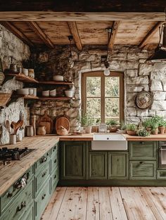 Scottish Kitchen Design, Old Stone Houses, Farm Kitchen, Tiny House Cabin, Cabins And Cottages, Cottage Kitchen, Stone Houses, Off Grid Living, Dream House Exterior