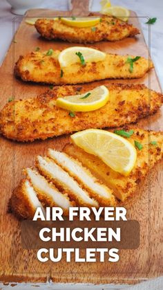 Breaded chicken cutlets cooked in the air fryer and served over a wooden board with lemon wedges. Chicken Cutlet Recipes In Air Fryer, Crispy Chicken Cutlets Air Fryer, Airfry Chicken Cutlet, Air Fryer Chicken Cutlets No Breading, Healthy Chicken Cutlet Recipes Air Fryer, Breaded Airfry Chicken, Air Fry Breaded Chicken Breast, Breaded Chicken Cutlets In Air Fryer, Airfryer Chicken Cutlets