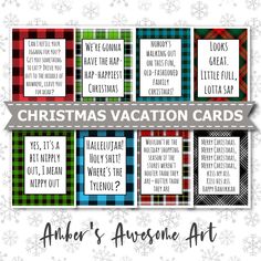 christmas vacation cards with snowflakes and plaid patterns on the bottom, below them