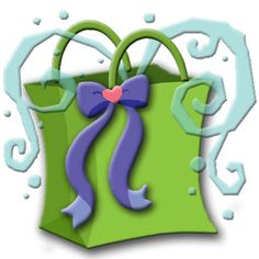 a green shopping bag with a purple bow on it's side and bubbles around the handle