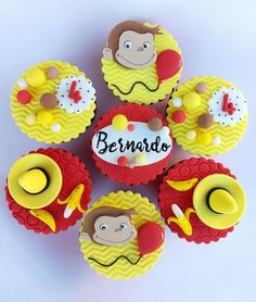 cupcakes decorated to look like animals with the word bernad on them and other decorations