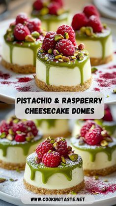 four different cheesecakes with raspberries and pistachio toppings on top