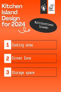 the kitchen island design for 2012 is shown on an orange background with black and white text