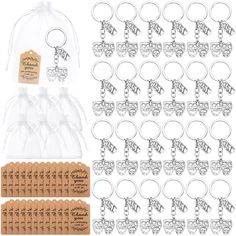 the key chain is attached to an assortment of clear plastic bags with tags on them