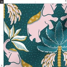 an animal themed wallpaper with gold and blue accents on a dark green background,