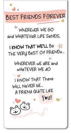 a card with the words best friends forever written in pink and black ink on it