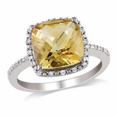 Cushion-Cut Citrine and 1/10 CT. T.W. Diamond Frame Ring in Sterling Silver Halo Engagement Ring Wedding Band, Silver Pendant Lamp, Frame Ring, Silver Pendant Lighting, Engagement Rings Vintage Halo, November Birthday, Diamond Frame, Cushion Cut Ring, Gold Diamond Wedding Band