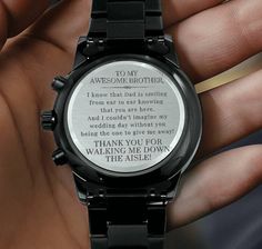 A thoughtful gift that can withstand constant use, this Engraved Design Black Chronograph Watch is the perfect gift to commemorate your special day.  ⭐⭐ Make sure to check out "Walk Me Down the Aisle" section for more messages to Brother, Dad, Bonus Dad, Son & More! ⭐ ⭐ https://www.etsy.com/shop/StuffGinaSays?ref=seller-platform-mcnav&section_id=35242664 Or create a custom engravement! https://www.etsy.com/listing/1163106985/custom-engraved-watch-brother-of-the It's a versatile piece sure to war Gifts For Brides Brother, Walk Me Down The Aisle Brother, Brother Of The Bride, Engraved Watch, Watch Engraving, Engraved Design, Dad Son, Gift For Brother, Bride Gift