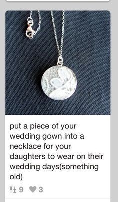 a necklace that has been placed on top of a facebook post with the caption, put a piece of your wedding gown into a necklace for your daughters to wear