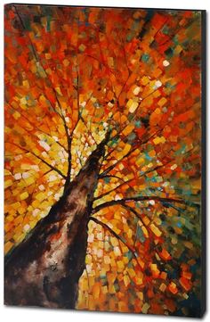 an abstract painting of a tree with orange leaves