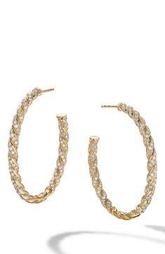 These twisted hoop earrings are crafted from 18-karat gold and lit up with diamond pavé on the inner and outer circumferences so you shine from every angle. 1 3/4" hoop diameter Post back Total diamond weight: 1.50ct. Imported >Diamond Guide Gold Diamond Hoops Earrings, Gold Diamond Hoop Earrings, Twisted Hoop Earrings, Diamond Guide, Futurism, Diamond Hoop Earrings, Gold Hoop, David Yurman, Gold Hoop Earrings