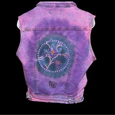 Hand Designed Denim Vest In Vibrant Pink & Purple Floral Design In Multi Faceted Hand Set Vegan Suede With Studs. 98% Cotton Denim/ 2% Spandex L Chest 36” Waist 34” Waist Band 32” Length 20” Has About A 2” Stretch Graffiti Jacket, Pink Graffiti, Beige Puffer, Buffalo Plaid Vest, Animal Print Vests, Purple Denim, Long Sweater Vest, Vest Layering, Faux Fur Vest Black