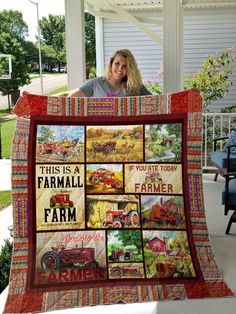 a woman holding up a quilt with farm pictures on it and saying, this is a farm