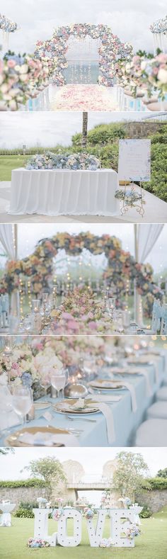 an image of a wedding reception with flowers on the table and in the background there is a sign that says love