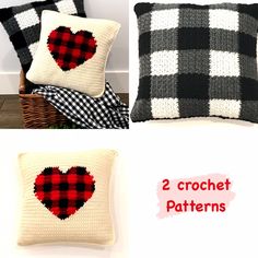 two crochet hearts are shown on pillows