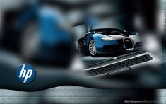 a bugatti car in front of a brick wall with the word hp on it