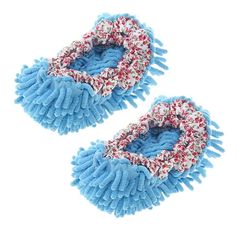 two blue mop head covers with red, white and blue flowers