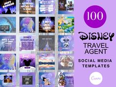 the disney travel agent social media templates are displayed in purple and blue colors with white lettering