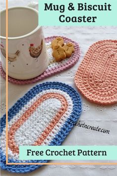 three crocheted coasters on a table with coffee cup and cookie in the middle