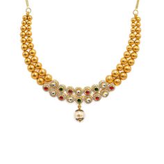 22K Yellow Gold Necklace And Earrings Set W/ Rubies, Emeralds, CZ Stone Jewelry, Pearls & Smooth Gold Balls for women. Make a statement at any affair with this dazzling 22K yellow gold necklace and earrings set embellished with precious rubies, emeralds, CZ gems and drop pearls. The design features a double stranded necklace of smooth gold balls. The necklace is 14 inches long with a width range of 2-16.5 mm wide. The pendant is 16.5 mm long and 10 mm wide. Each earring is 38 mm long and 17 mm w Festive Gold Plated Pearl Necklace, Traditional Gold Diamond Bridal Necklace, Luxury Jeweled Bridal Necklace In Temple Jewelry Style, Festive Hand-set Pearl Necklace, Gold Diamond Chandbali Jewelry Sets, Gold Kundan Jewelry Sets With Gemstones, Festive Gold Diamond Temple Necklace, Yellow Gold Pearl Necklace For Festive Occasions, Festive Gold Temple Necklace With Diamonds