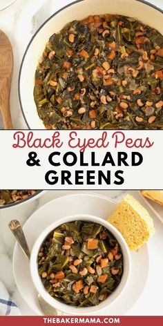 black eyed peas and collard greens in a white bowl