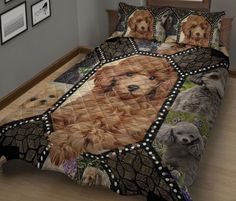 this is a bed with pictures of dogs on it