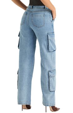 Revamp your denim collection with these wide-leg jeans dotted with oversized cargo pockets and crafted in a faded wash that exudes a casual-cool vibe. Exclusive retailer 100% cotton Dry clean Imported Casual Blue Jeans With Flap Pockets, Washed Blue Cargo Jeans With Side Pockets, Relaxed Fit Light Wash Cargo Jeans With Pockets, Trendy Washed Blue Jeans With Cargo Pockets, Spring Cargo Jeans With Pockets In Medium Wash, Denim Blue Cargo Jeans With Side Pockets For Spring, Utility Relaxed Fit Medium Wash Flare Jeans, Medium Wash Relaxed Fit Utility Flare Jeans, Light Wash Relaxed Fit Denim Cargo Pants