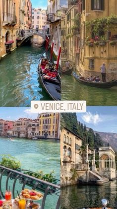 some buildings and boats on the water in venice, italy collaged with photos