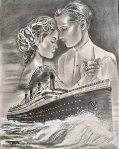 a drawing of two people in front of a cruise ship