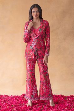 Buy Pink Dupion Silk Print Floral Sweetheart Neck Blazer And Pant Set For Women by Shachi Sood Online at Aza Fashions.