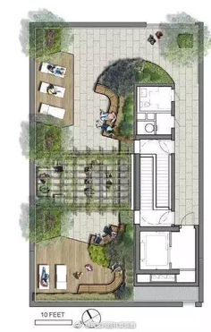 the floor plan for a house with an outdoor swimming pool and hot tub, as well as two separate living areas