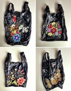 four pictures of black bags with flowers on them