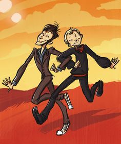 two men in suits are running through the desert with their arms around each other as if they were dancing