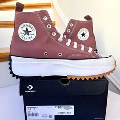 Brand New In Box. No Flaws. Converse Run Star Hike Platform (High Top) In Saddle A Red Brown Color With Pink Undertones . Unisex Shoe. Msrp: $110 + Tax Price Is Firm Size: Men’s 11.5 / Women’s 13 “A Chunky Platform And Jagged Rubber Sole Put An Unexpected Twist On Your Everyday Chucks. Details Like A Canvas Build, Rubber Toe Cap And Chuck Taylor Ankle Patch Stay True To The Original, While A Molded Platform, Two-Tone Outsole And Rounded Heel Give Off Futuristic Vibes. Canvas High Top Platform Sn Brown High Top Converse Platform, Converse Earthy Tone Platform, Brown Run Star Hike High Top Converse, Converse Run Star Hike Platform, Converse Brown High-top Sneakers With Rubber Sole, Brown Outdoor High-top Converse Sneakers, Marco Diaz, High Top Chucks, Red High Tops